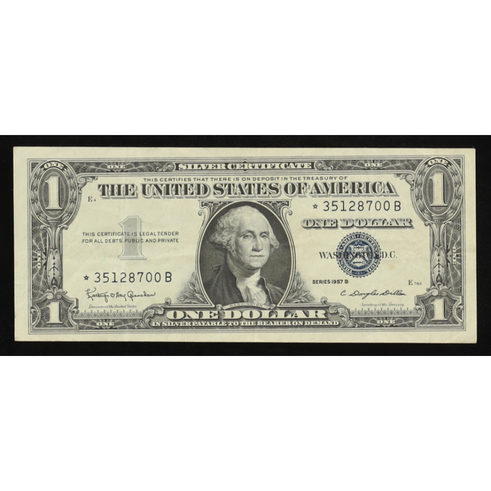 1957-B U.S. $1 Silver Certificate "Star" Note, Blue Seal - Fr. 1621* (*B Block) Signed: Granahan / Dillon - With Reverse Teller Stamp at PristineAuction.com