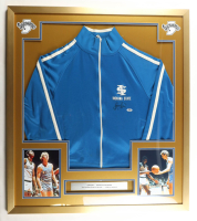 Larry Bird Signed Indiana State Sycamores Custom Framed Authentic Champion Warm-Up Jacket Display with Stat Plaque (PSA) at PristineAuction.com