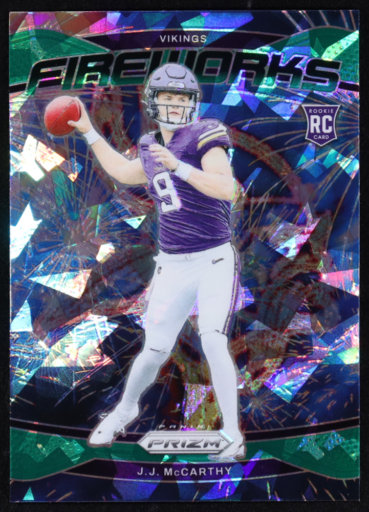 JJ McCarthy 2024 Panini Prizm Fireworks Prizms Green Ice #18 RC
