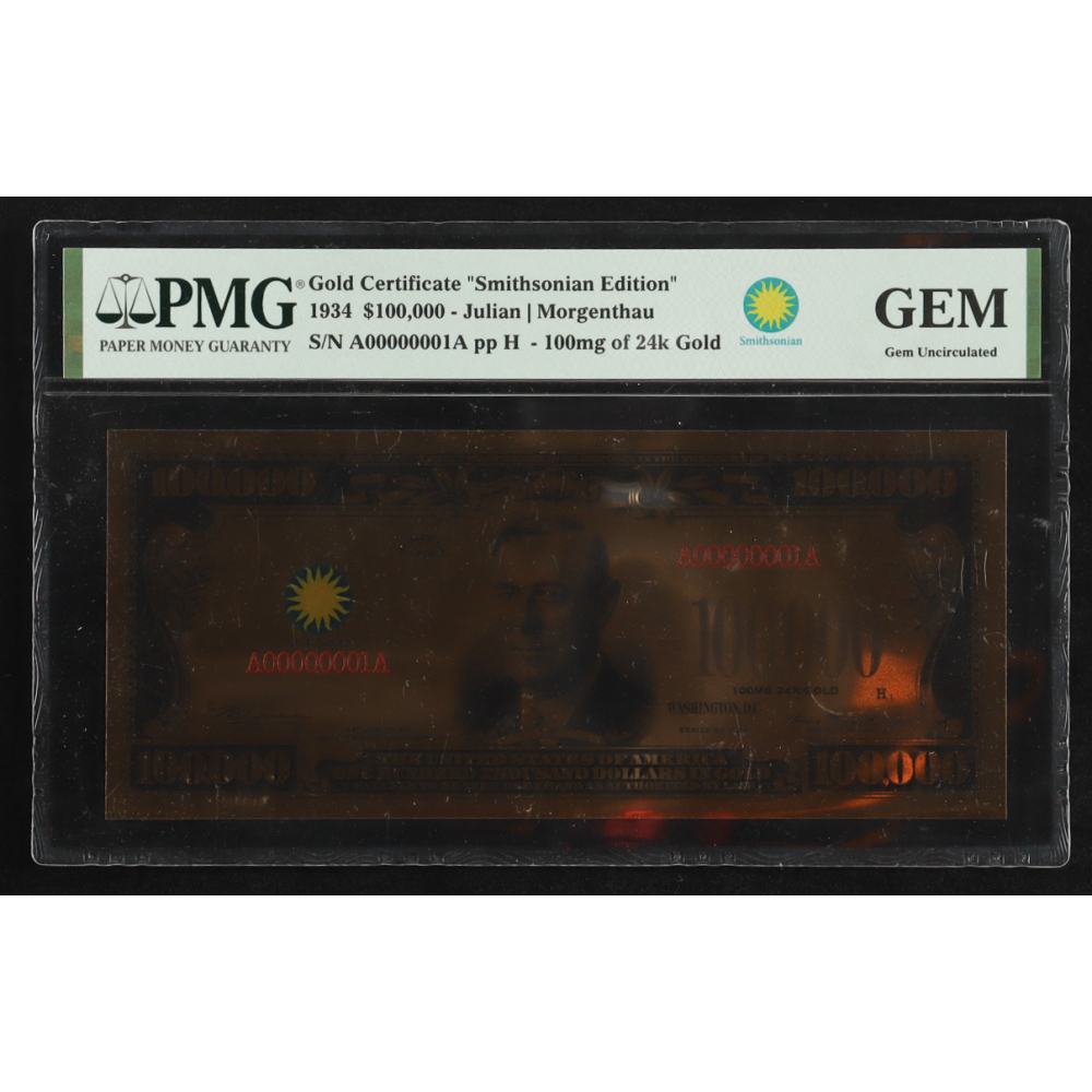1934 U.S. $10,000 Gold Certificate "Smithsonian Edition" - 100mg of 24kt Gold (PMG GEM UNCIRCULATED) at PristineAuction.com