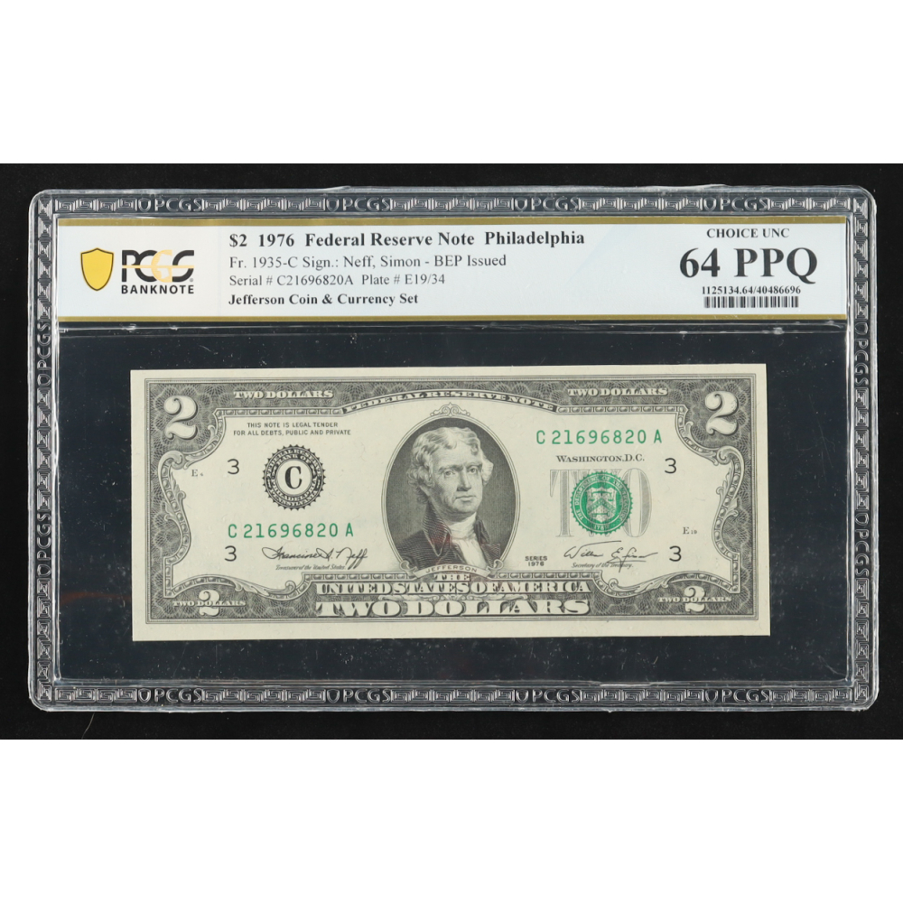 1976 U.S. $2 Federal Reserve Note, Philadelphia - Fr. 1935-C (CA Block) Signed: Neff / Simon (PCGS CHOICE UNC 64 PPQ) at PristineAuction.com