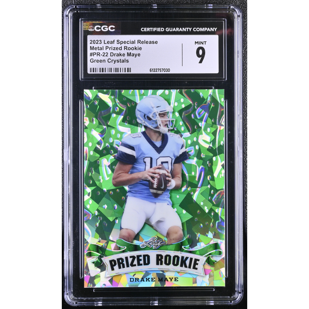 Drake Maye 2023 Leaf Special Release Metal Prized Rookie Green Crystals #PR-22 #4/5 (CGC 9) at PristineAuction.com