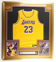 LeBron James Lakers Custom Framed Authentic Nike Jersey Display with Career Stat Plaque & Championship Pin at PristineAuction.com