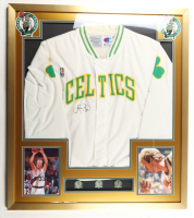 Larry Bird Signed Celtics Custom Framed Authentic Champion Warm-Up Jacket Display with (3) World Champion Pins (PSA) at PristineAuction.com