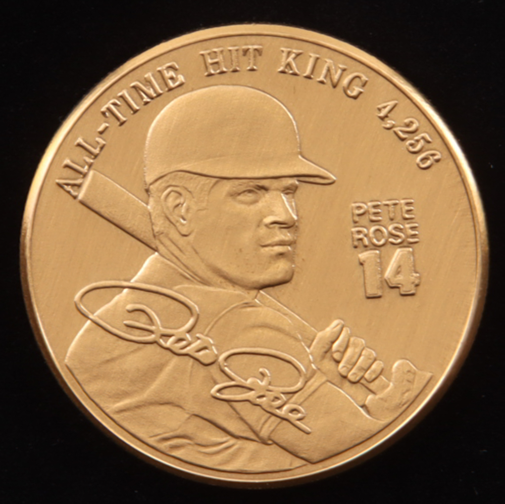 Pete Rose LE "All-Time Hit King" The Highland Mint Reds Solid Bronze Coin With Display Case at PristineAuction.com Pete Rose LE "All-Time Hit King" The Highland Mint Reds Solid Bronze Coin With Display Case at PristineAuction.com