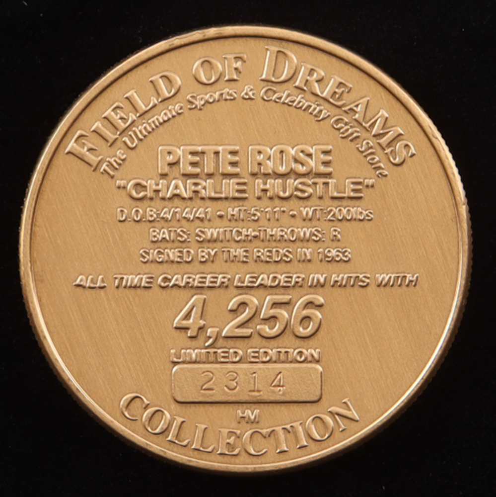 Pete Rose LE "All-Time Hit King" The Highland Mint Reds Solid Bronze Coin With Display Case at PristineAuction.com Pete Rose LE "All-Time Hit King" The Highland Mint Reds Solid Bronze Coin With Display Case at PristineAuction.com