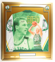 Larry Bird Signed Celtics Custom Framed 1990 Vintage Chalk Line Art Print Jacket Display with (2) Team Logo Patches (PSA) at PristineAuction.com