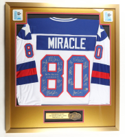 1980 Team USA Custom Framed Jersey Display Team-Signed By (18) with Jim Craig, Mike Eruzione, Buzz Schneider, Ken Morrow, Jack O'Callahan (Beckett) at PristineAuction.com