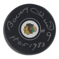 Bobby Hull Signed Blackhawks Logo Hockey Puck Inscribed "HOF 1983" (JSA) at PristineAuction.com