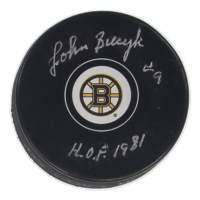 Johnny Bucyk Signed Bruins Logo Hockey Puck Inscribed "H.O.F. 1981" (PSA) at PristineAuction.com