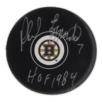 Phil Esposito Signed Bruins Logo Hockey Puck Inscribed "HOF 1984" (JSA) at PristineAuction.com