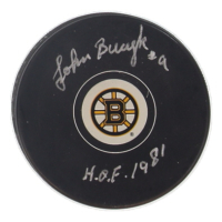 Johnny Bucyk Signed Bruins Logo Hockey Puck Inscribed "H.O.F. 1981" (PSA) at PristineAuction.com