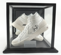 Magic Johnson & Larry Bird Signed Pair of (2) Converse All Star White Leather Basketball Shoes with Display Case (Beckett & PSA) at PristineAuction.com