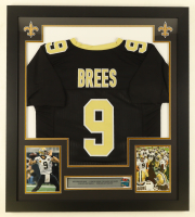 Drew Brees Custom Framed Jersey With Super Bowl XLIV Pin & (2) Cloth Team Logo Patches at PristineAuction.com