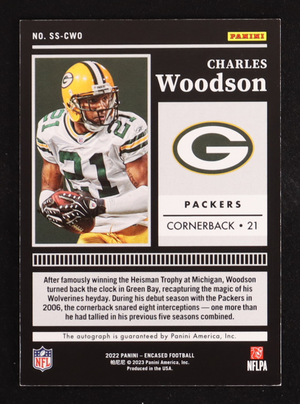 Charles Woodson 2022 Panini Encased Sapphire Signatures #76 #01/10 at PristineAuction.com Charles Woodson 2022 Panini Encased Sapphire Signatures #76 #01/10 at PristineAuction.com