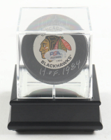 Phil Esposito Signed Black Hawks Logo Hockey Puck Inscribed "HOF 1984" In Display Case (PSA) at PristineAuction.com