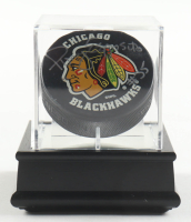Tony Esposito Signed Black Hawks Logo Hockey Puck In Display Case (PSA) at PristineAuction.com