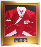 Mike Tyson Signed Custom Framed Boxing Robe Display with (3) Vintage Fight Pins (PSA & Tyson) at PristineAuction.com