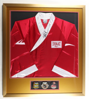 Mike Tyson Signed Custom Framed Boxing Robe Display with (3) Vintage Fight Pins (PSA & Tyson) at PristineAuction.com
