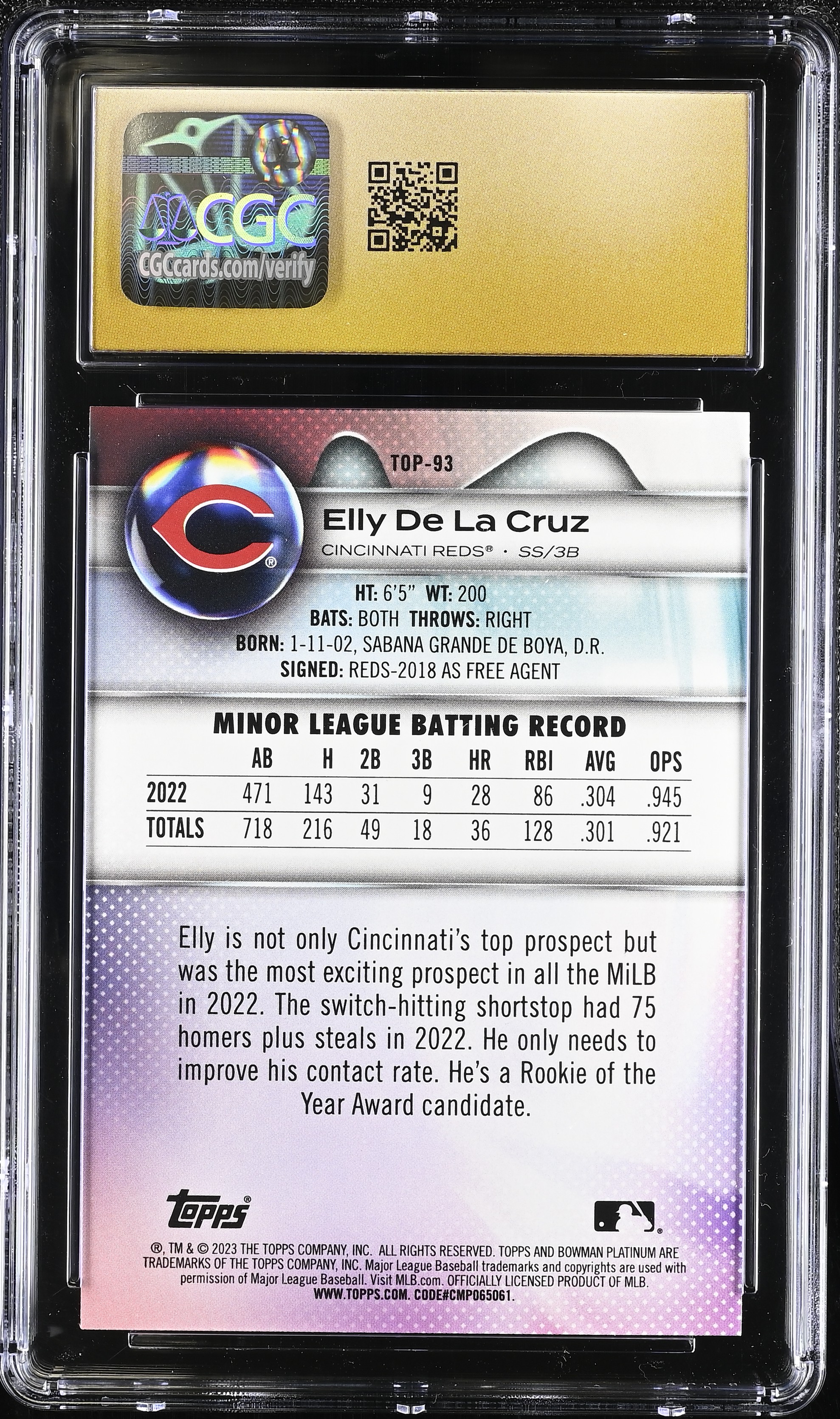 Elly De La Cruz 2023 Bowman Platinum Top Prospects #TOP-93 RC (CGC 10 | Black Label) at PristineAuction.com Elly De La Cruz 2023 Bowman Platinum Top Prospects #TOP-93 RC (CGC 10 | Black Label) at PristineAuction.com