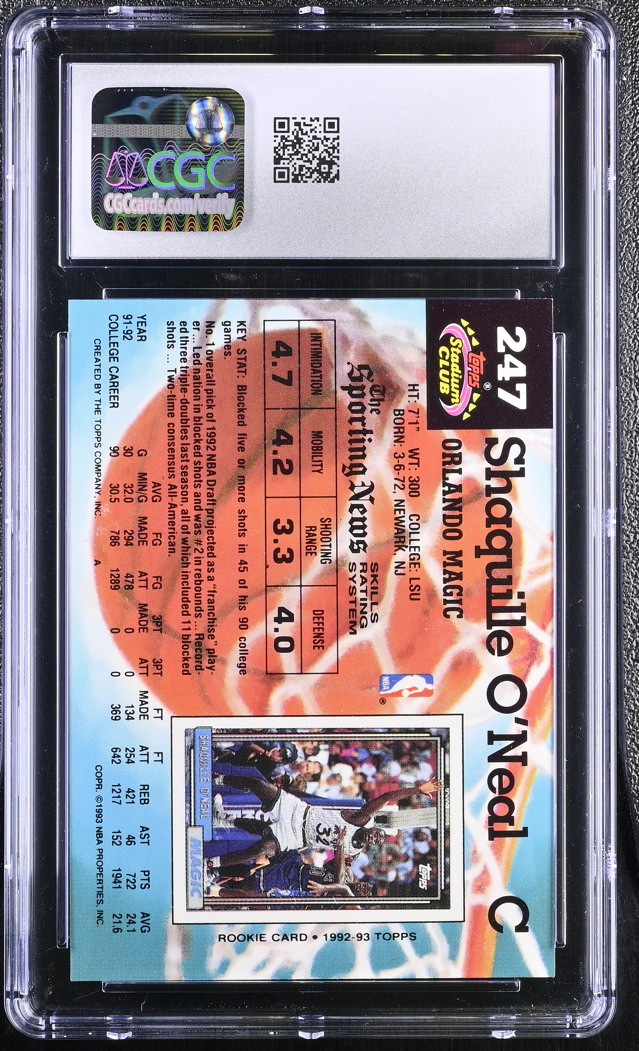 Shaquille O'Neal 1992-93 Stadium Club #247 RC (CGC 10) at PristineAuction.com Shaquille O'Neal 1992-93 Stadium Club #247 RC (CGC 10) at PristineAuction.com