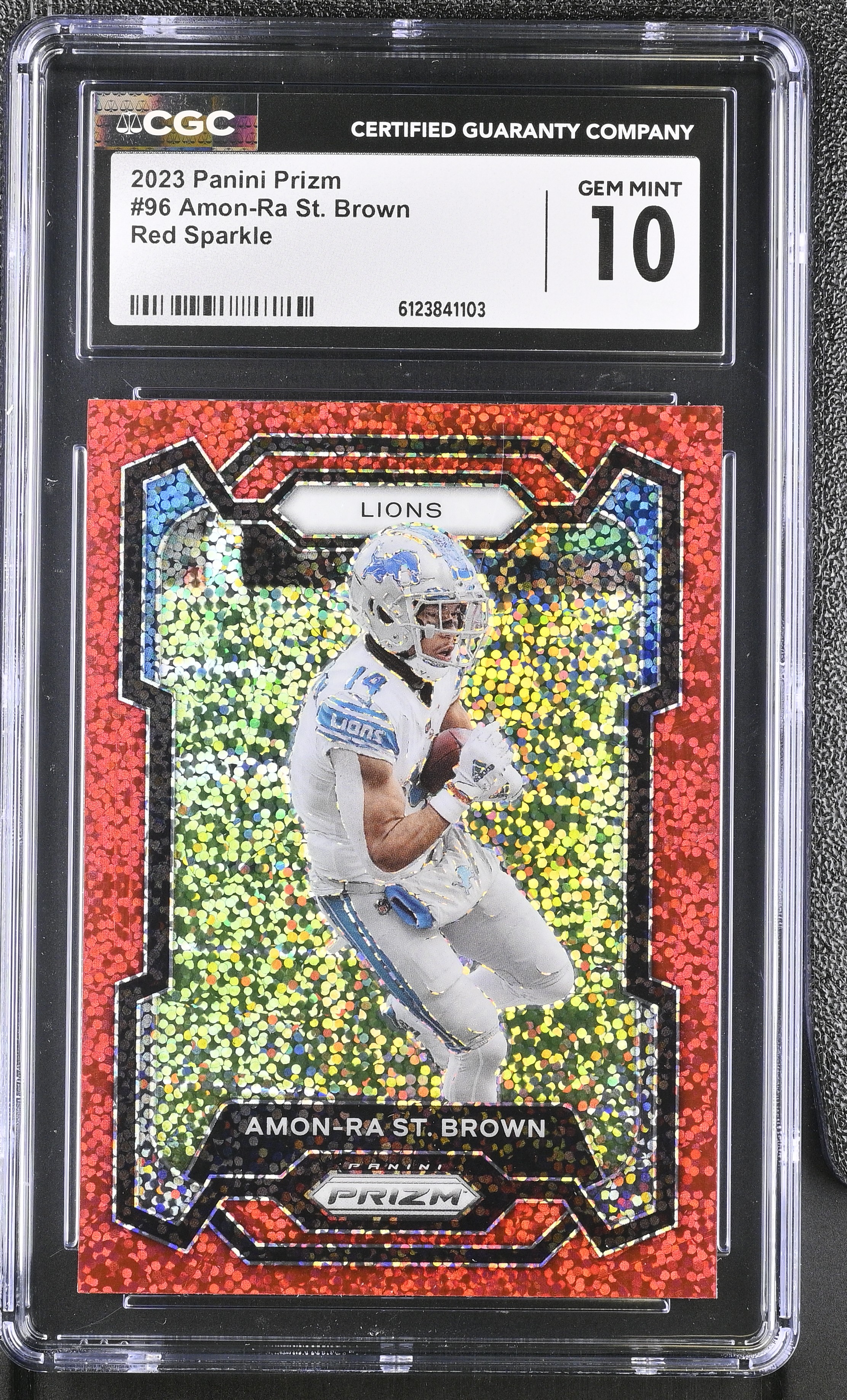 Amon-Ra St. Brown 2023 Panini Prizm Red Sparkle #96 (CGC 10) at PristineAuction.com Amon-Ra St. Brown 2023 Panini Prizm Red Sparkle #96 (CGC 10) at PristineAuction.com
