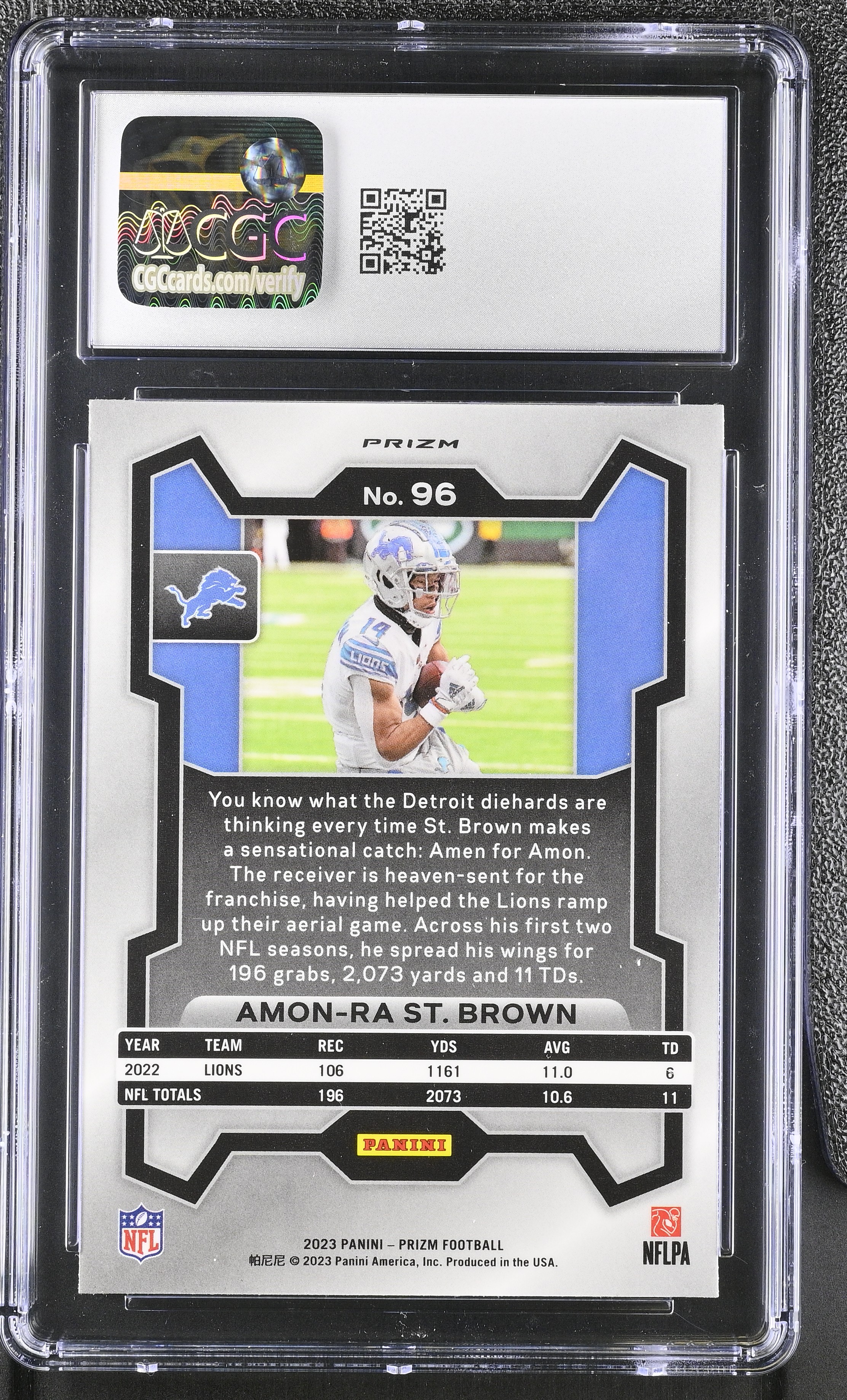 Amon-Ra St. Brown 2023 Panini Prizm Red Sparkle #96 (CGC 10) at PristineAuction.com Amon-Ra St. Brown 2023 Panini Prizm Red Sparkle #96 (CGC 10) at PristineAuction.com