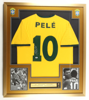 Pele Signed Custom Framed Jersey Display with Trophy Pin & Stat Plaque (PSA) at PristineAuction.com