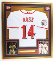 Pete Rose Signed Custom Framed Jersey Display with (2) Reds Logo Pins & Statistics Plaque (Beckett) at PristineAuction.com