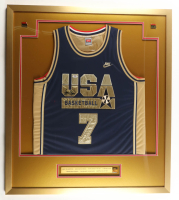 Larry Bird Signed Authentic Nike USA Custom Framed Jersey Display with Olympic Pin & Career Stat Plaque (PSA) at PristineAuction.com