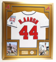 Hank Aaron Signed Custom Framed Cut Display with Jersey & HOF Emblem (PSA) at PristineAuction.com