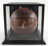 Magic Johnson & Larry Bird Signed NBA Finals Trophy Special Edition Basketball with Display Case (PSA & Beckett) at PristineAuction.com
