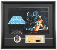 1977 "Star Wars: New Hope" Custom Framed Print Display with Original 1977 Film Cell with Hologram & Lapel Pin at PristineAuction.com
