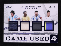 Diego Maradona / Pele / Lionel Messi / Cristiano Ronaldo 2025 Leaf ITG Used Sports Game Used Quads Blue #GQ12 #15/35 at PristineAuction.com
