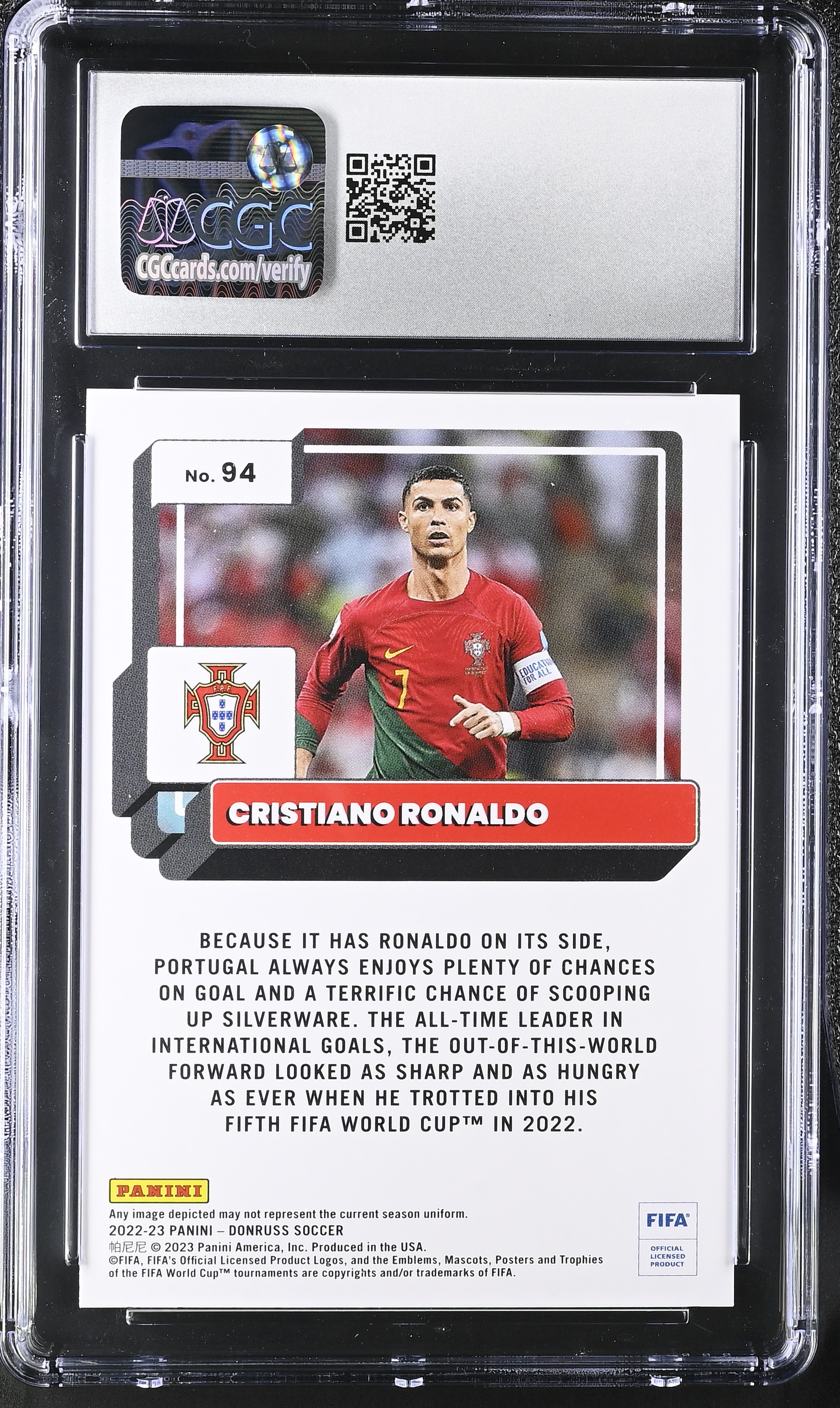 Cristiano Ronaldo 2022-23 Panini Donruss FIFA #94 (CGC 10) at PristineAuction.com Cristiano Ronaldo 2022-23 Panini Donruss FIFA #94 (CGC 10) at PristineAuction.com