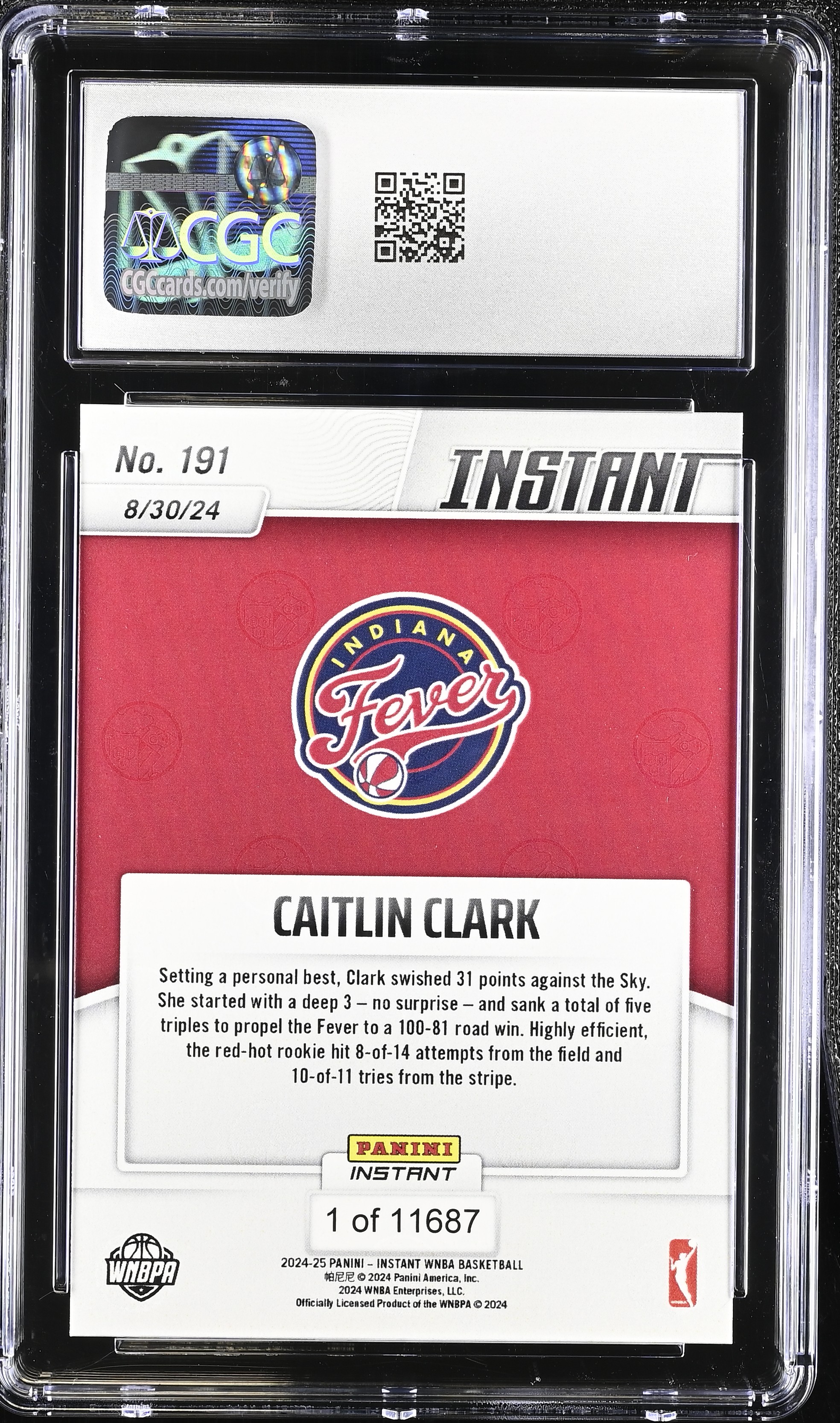 Caitlin Clark 2024-25 Panini Instant WNBA #191 RC #1/11687 (CGC 10) at PristineAuction.com Caitlin Clark 2024-25 Panini Instant WNBA #191 RC #1/11687 (CGC 10) at PristineAuction.com
