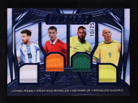 Lionel Messi / Cristiano Ronaldo / Neymar Jr. / Ronaldo Nazario 2025 Leaf Trinity Quatro Memorabilia Blue #Q11 #10/25 at PristineAuction.com