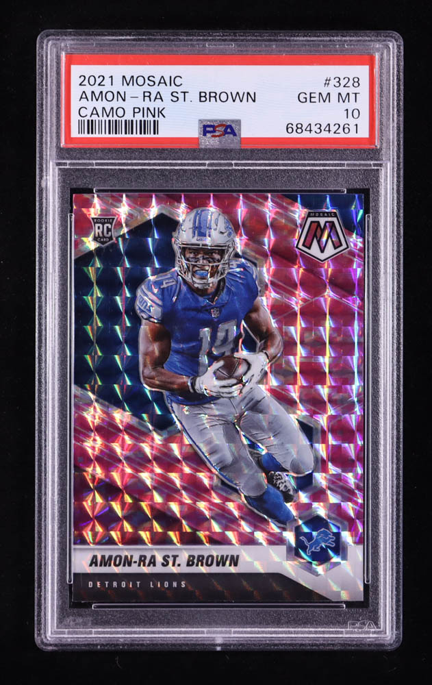 Amon-Ra St. Brown 2021 Panini Mosaic Mosaic Camo Pink #328 RC (PSA 10) at PristineAuction.com Amon-Ra St. Brown 2021 Panini Mosaic Mosaic Camo Pink #328 RC (PSA 10) at PristineAuction.com