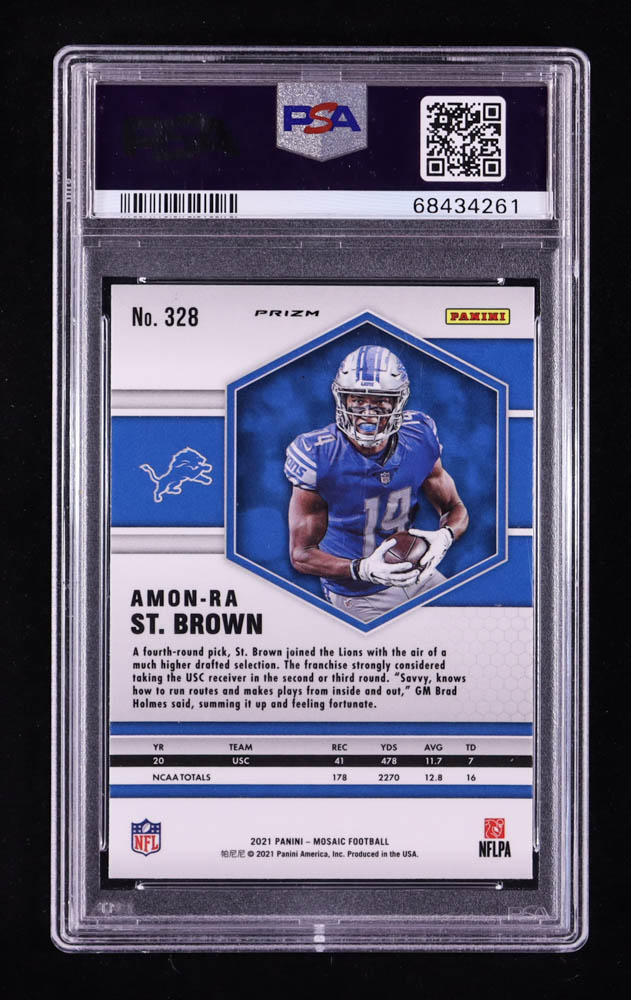 Amon-Ra St. Brown 2021 Panini Mosaic Mosaic Camo Pink #328 RC (PSA 10) at PristineAuction.com Amon-Ra St. Brown 2021 Panini Mosaic Mosaic Camo Pink #328 RC (PSA 10) at PristineAuction.com