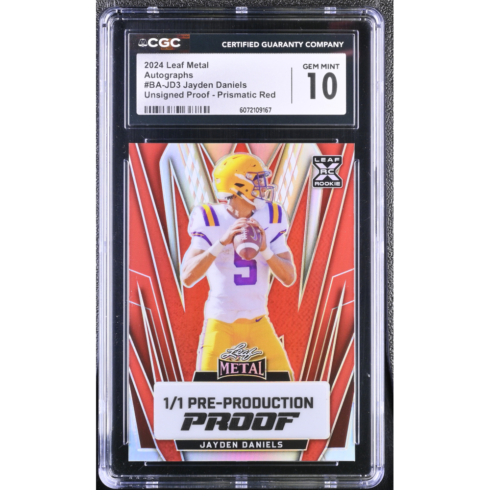 Jayden Daniels 2024 Leaf Metal Autographs Unsigned Proof Prismatic Red Pre-Production Proof XRC #BA-JD3 RC #1/1 (CGC 10) at PristineAuction.com