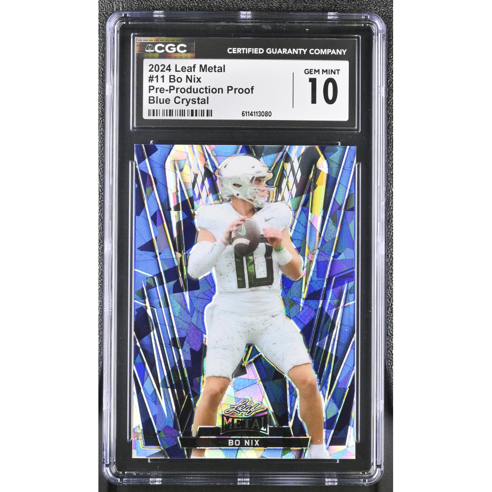 Bo Nix 2024 Leaf Metal Pre-production Proof Blue Crystal #11 RC #1/1 (CGC 10) at PristineAuction.com