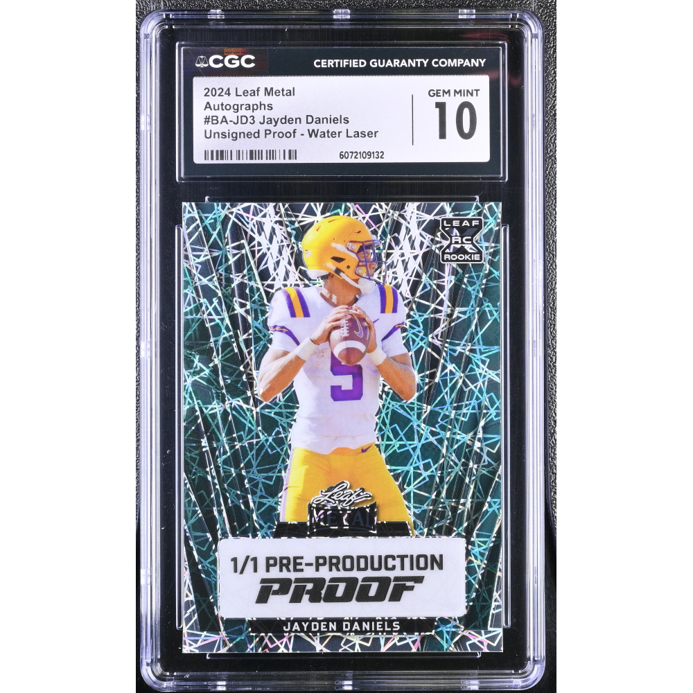 Jayden Daniels 2024 Leaf Metal Autographs Unsigned Proof Water Laser Pre-Production Proof XRC #BA-JD3 RC #1/1 (CGC 10) at PristineAuction.com