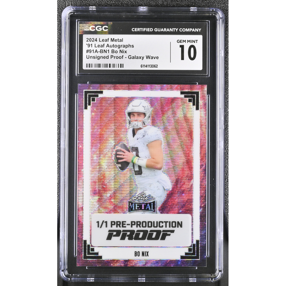 Bo Nix 2024 Leaf Metal '91 Leaf Autographs Unsigned Proof Galaxy Wave Pre-Production Proof #91A-BN1 RC #1/1 (CGC 10) at PristineAuction.com