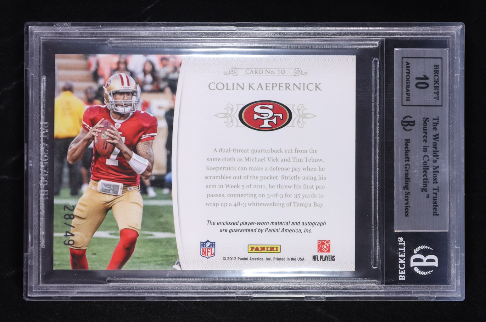 Colin Kaepernick 2011 Playoff National Treasures NFL Gear Combos Signatures #10 #28/49 RC (BGS 9 | Auto 10) at PristineAuction.com Colin Kaepernick 2011 Playoff National Treasures NFL Gear Combos Signatures #10 #28/49 RC (BGS 9 | Auto 10) at PristineAuction.com
