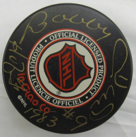 Bobby Hull Signed Blackhawks Logo Hockey Puck Inscribed "HOF 83" (JSA) at PristineAuction.com