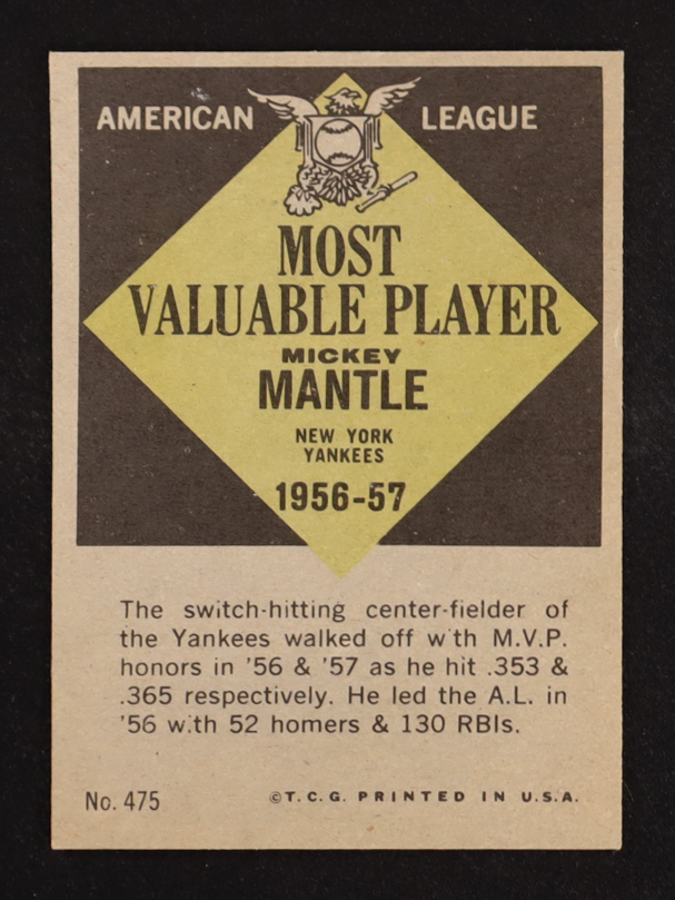 Mickey Mantle 1961 Topps #475 MVP at PristineAuction.com Mickey Mantle 1961 Topps #475 MVP at PristineAuction.com