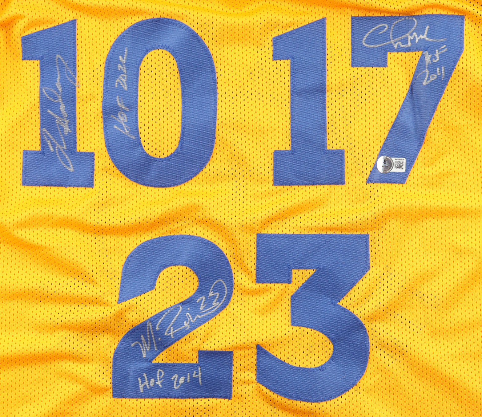 Tim Hardaway, Chris Mullin & Mitch Richmond Signed Jersey Inscribed "HOF 2022", "HOF 2011" & "HOF 2014" (Beckett) at PristineAuction.com Tim Hardaway, Chris Mullin & Mitch Richmond Signed Jersey Inscribed "HOF 2022", "HOF 2011" & "HOF 2014" (Beckett) at PristineAuction.com