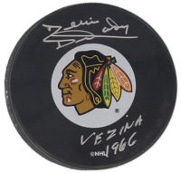 Denis DeJordy Signed Blackhawks Logo Hockey Puck Inscribed "Vezina 1986" (AJ Sports World) at PristineAuction.com