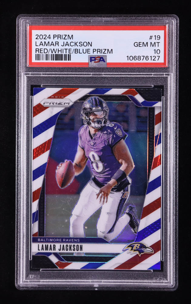 Lamar Jackson 2024 Panini Prizm Prizms Red White and Blue #19 (PSA 10) at PristineAuction.com Lamar Jackson 2024 Panini Prizm Prizms Red White and Blue #19 (PSA 10) at PristineAuction.com