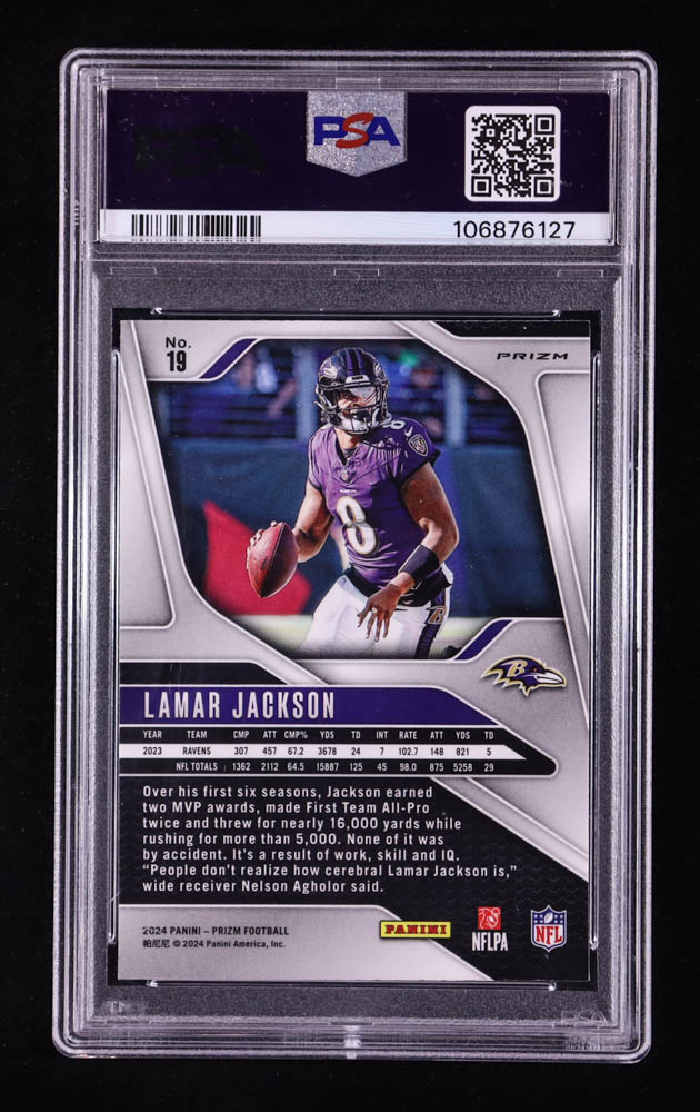 Lamar Jackson 2024 Panini Prizm Prizms Red White and Blue #19 (PSA 10) at PristineAuction.com Lamar Jackson 2024 Panini Prizm Prizms Red White and Blue #19 (PSA 10) at PristineAuction.com